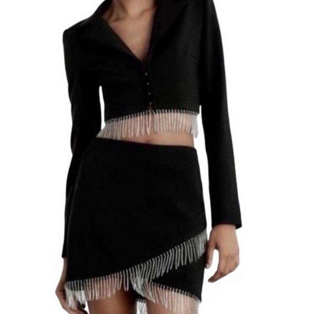 HOUSE OF HARLOW 1960 RHINESTONE FRINGE BLAZER JACKET & MINI SKIRT SET NWT XS‎